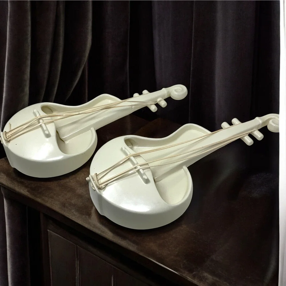 Lot 2 Vintage Red Wing Pottery Violin Cello Ivory Wall Pocket Planter M1484 READ